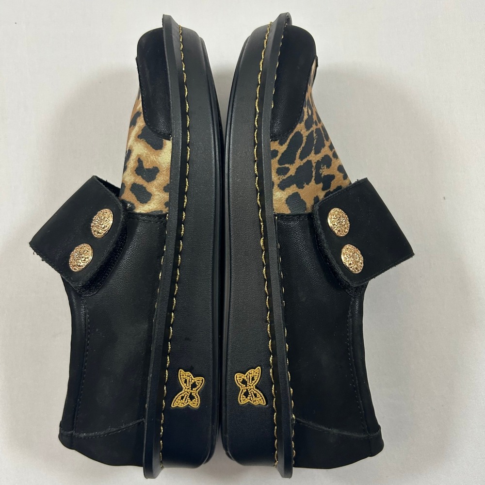 Alegria Loafers Womens 37 / 7 Black Sarah Leopard Animal Print Leather Hook Loop - Picture 9 of 11